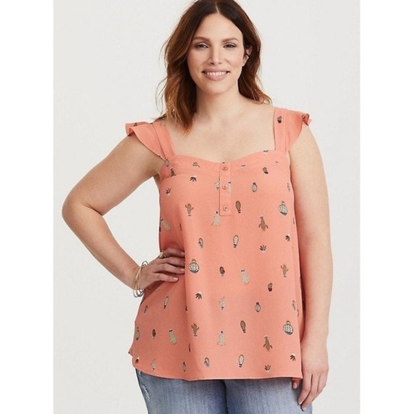 Torrid Women's Plus Size Peach Cactus Print Sleeveless Flutter Top - Picture 1 of 4
